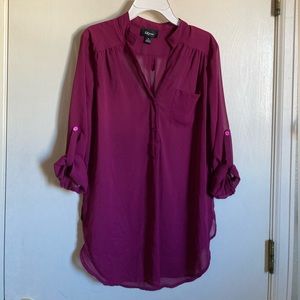 🌞IZ Byer Sheer Maroon V Neck 3/4 to Long Sleeve Blouse